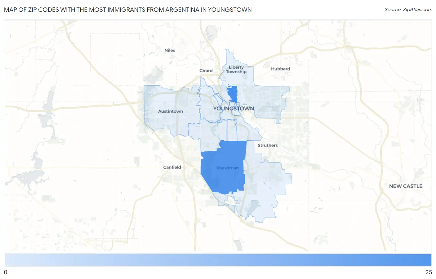 Zip Codes with the Most Immigrants from Argentina in Youngstown Map