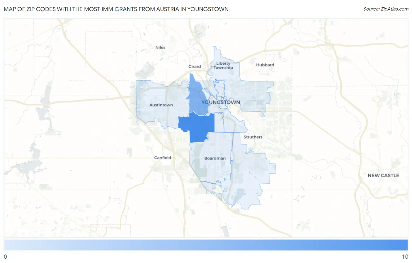 Zip Codes with the Most Immigrants from Austria in Youngstown Map