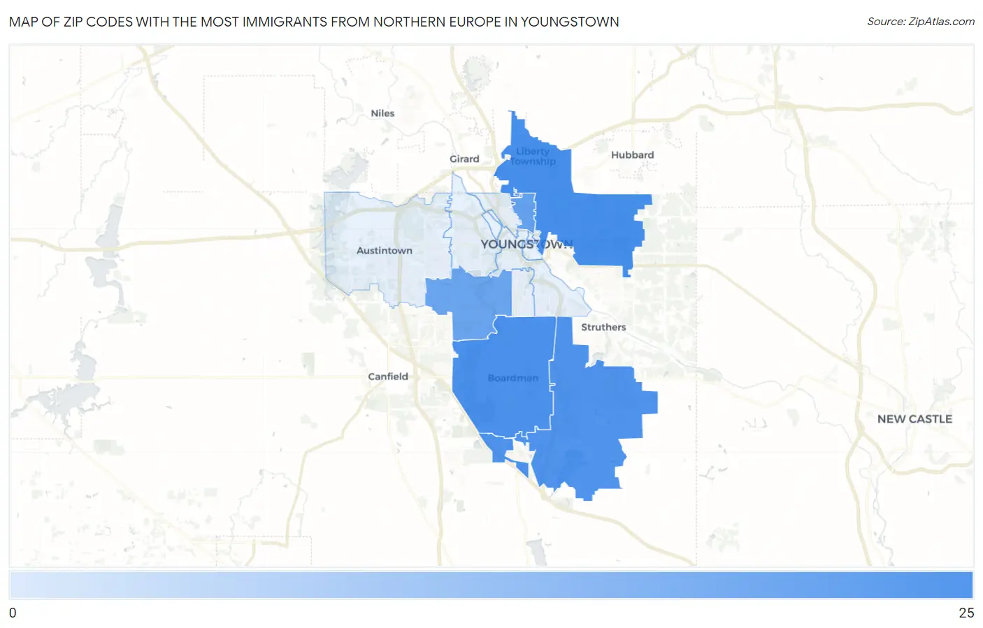Zip Codes with the Most Immigrants from Northern Europe in Youngstown Map