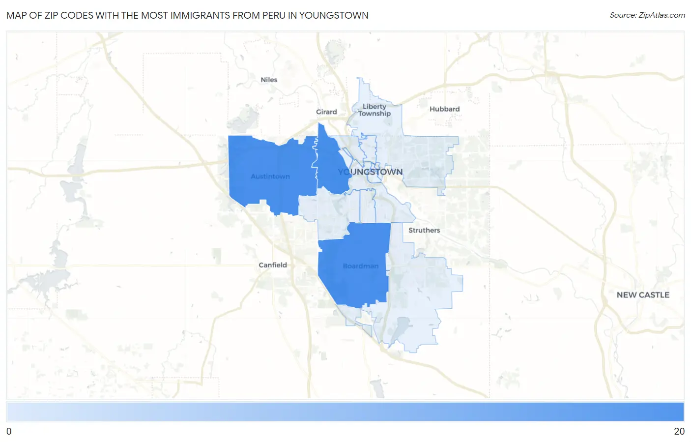 Zip Codes with the Most Immigrants from Peru in Youngstown Map