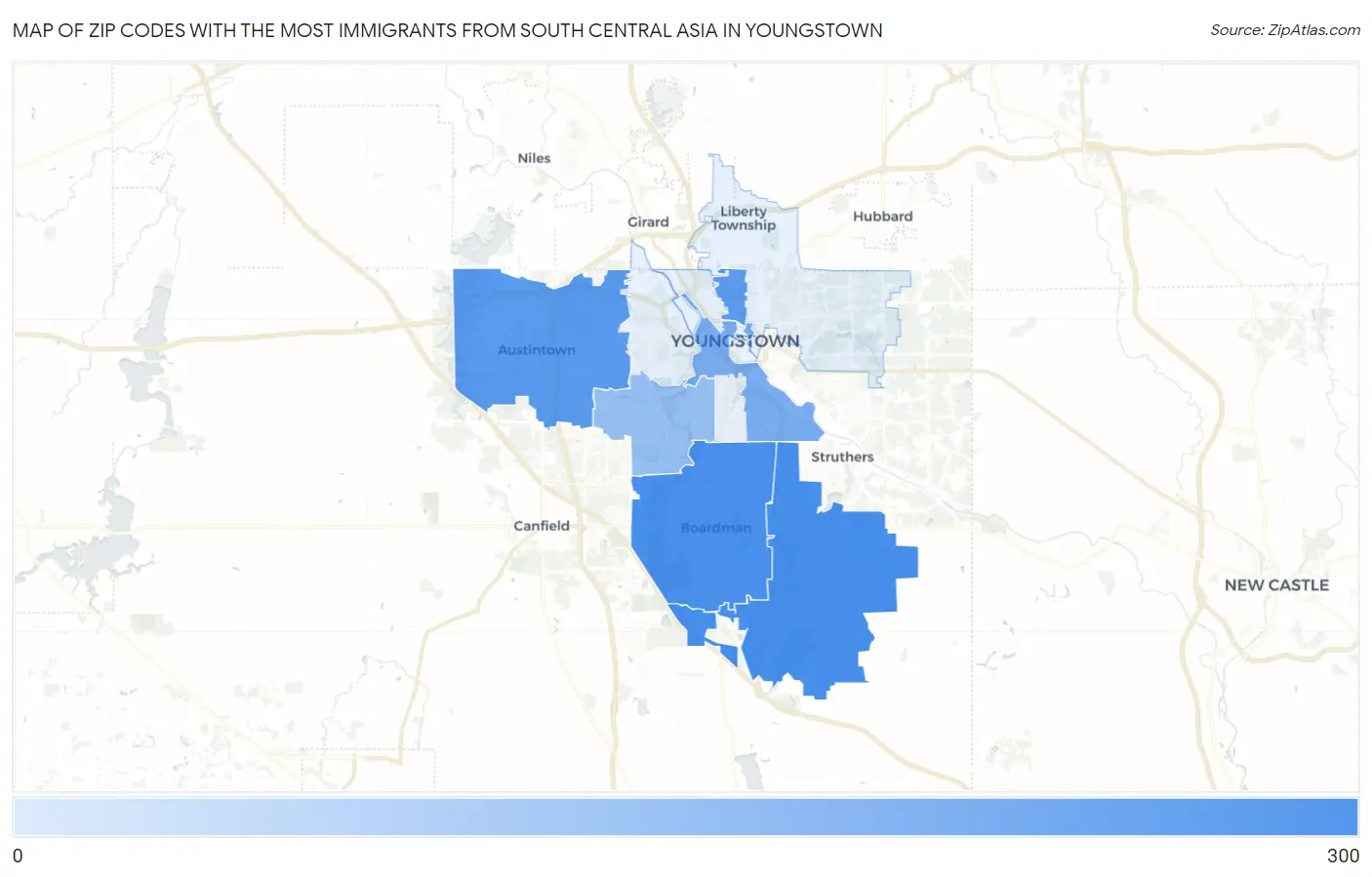 Zip Codes with the Most Immigrants from South Central Asia in Youngstown Map