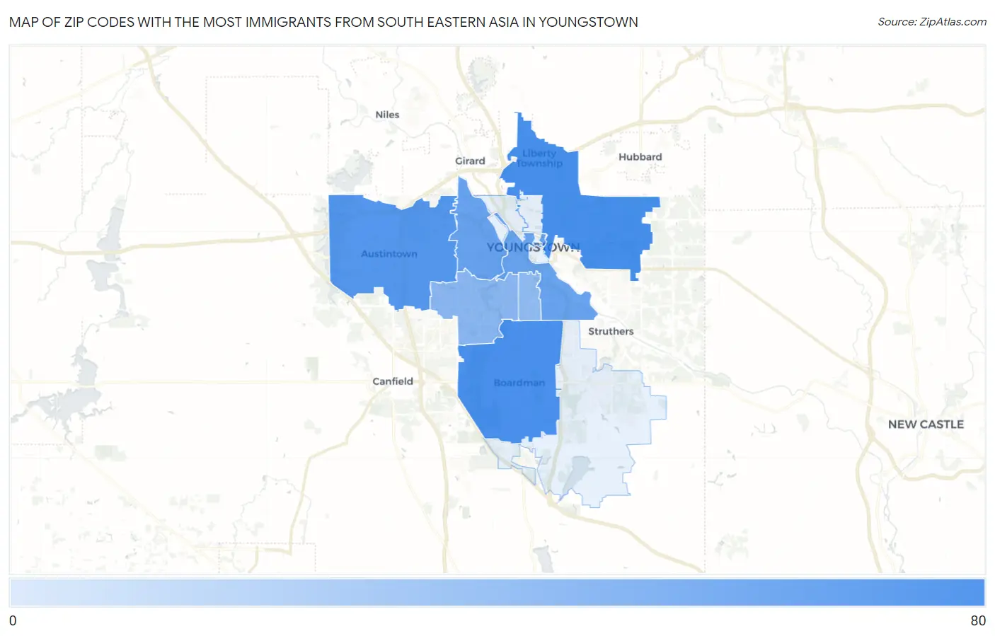Zip Codes with the Most Immigrants from South Eastern Asia in Youngstown Map