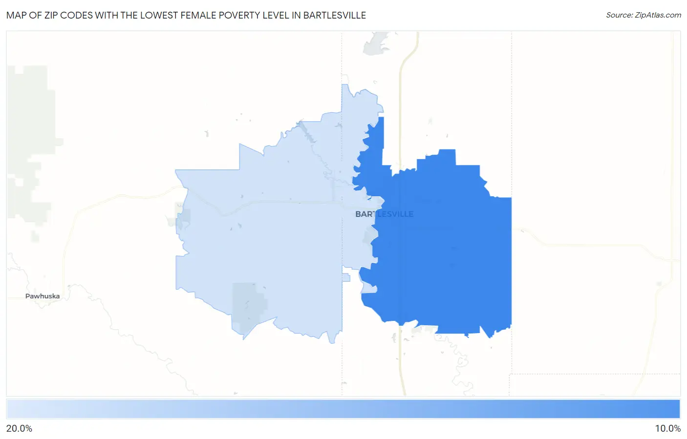 Zip Codes with the Lowest Female Poverty Level in Bartlesville Map