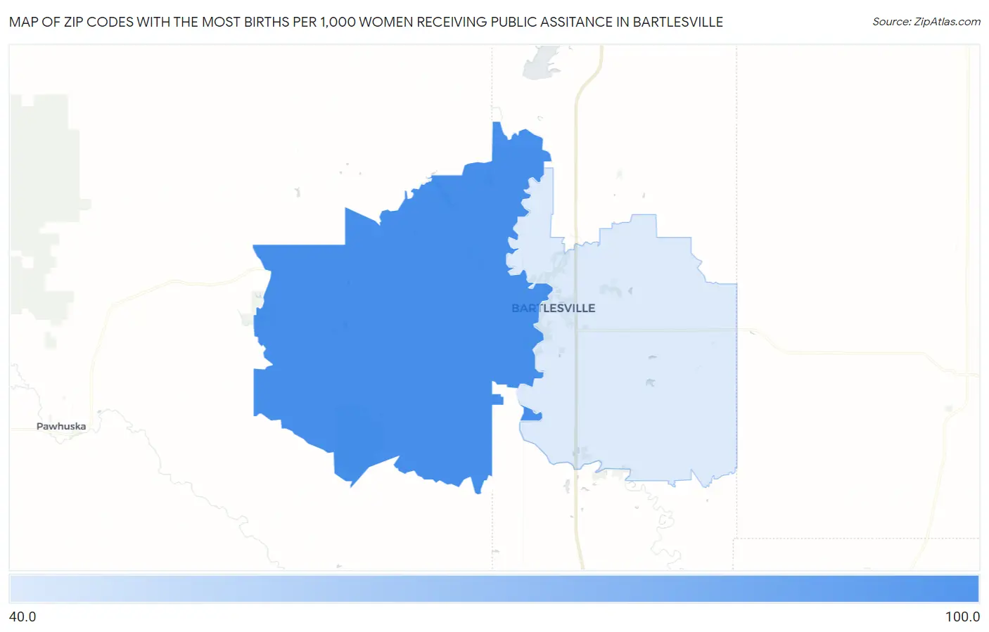 Zip Codes with the Most Births per 1,000 Women Receiving Public Assitance in Bartlesville Map