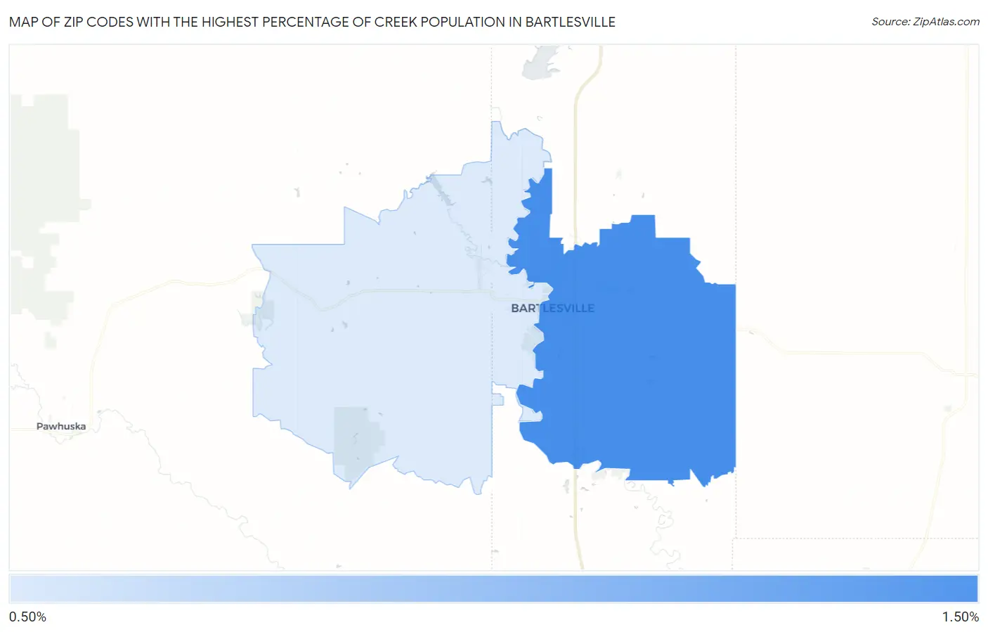 Zip Codes with the Highest Percentage of Creek Population in Bartlesville Map