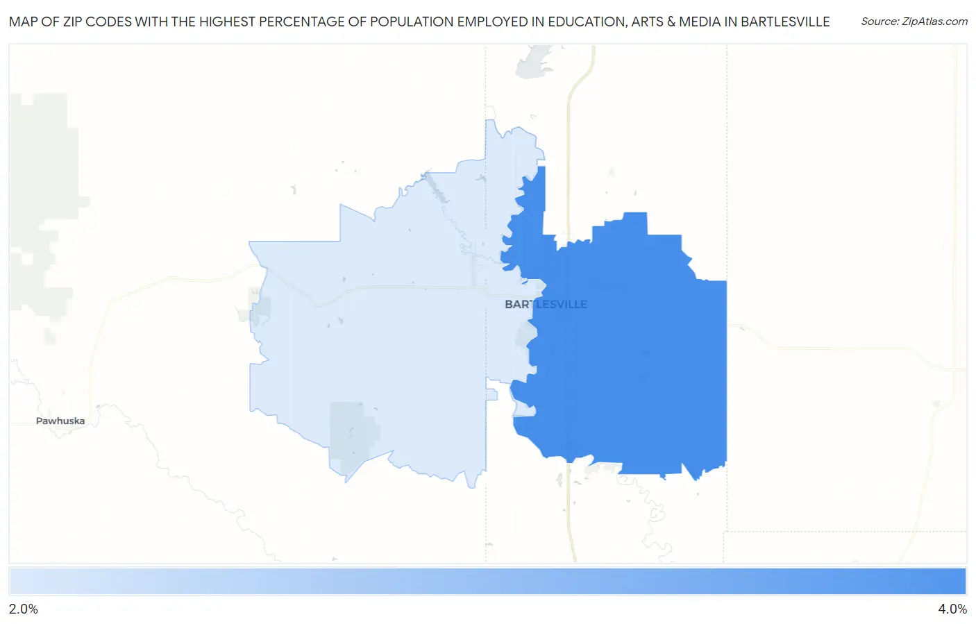 Zip Codes with the Highest Percentage of Population Employed in Education, Arts & Media in Bartlesville Map