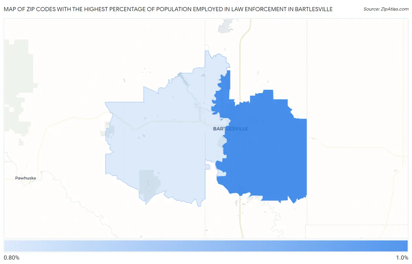 Zip Codes with the Highest Percentage of Population Employed in Law Enforcement in Bartlesville Map