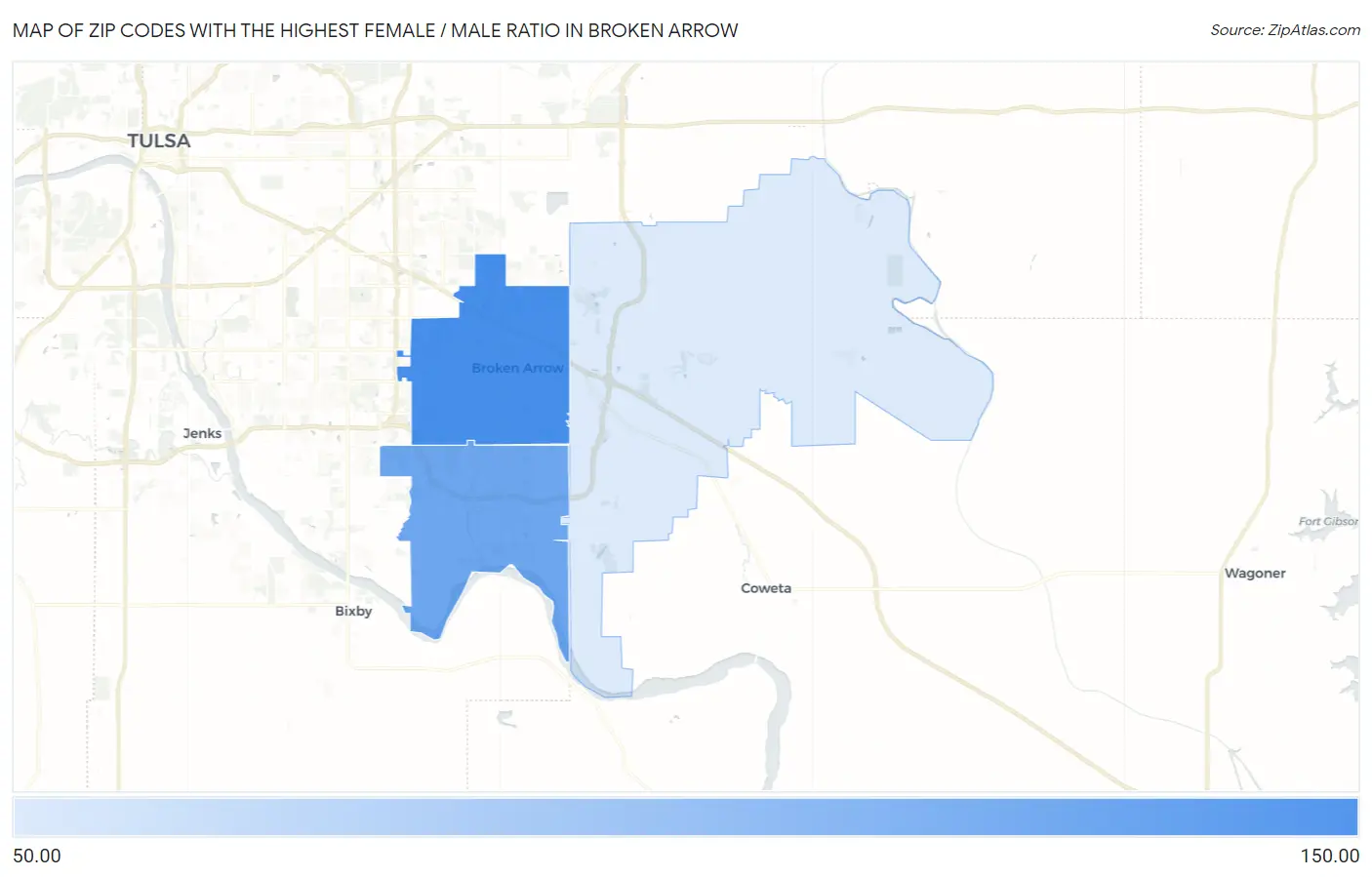 Zip Codes with the Highest Female / Male Ratio in Broken Arrow Map