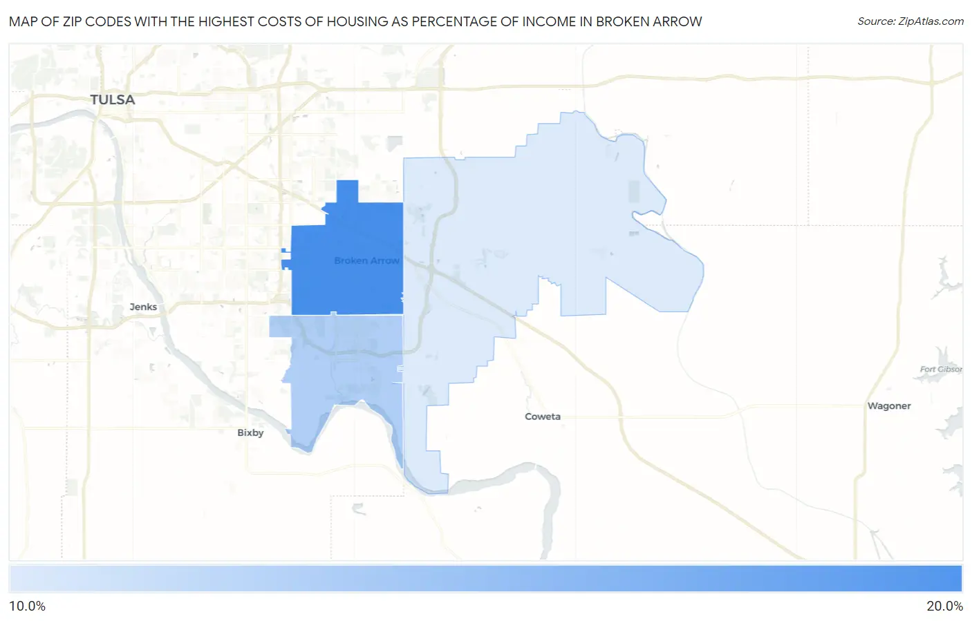 Zip Codes with the Highest Costs of Housing as Percentage of Income in Broken Arrow Map