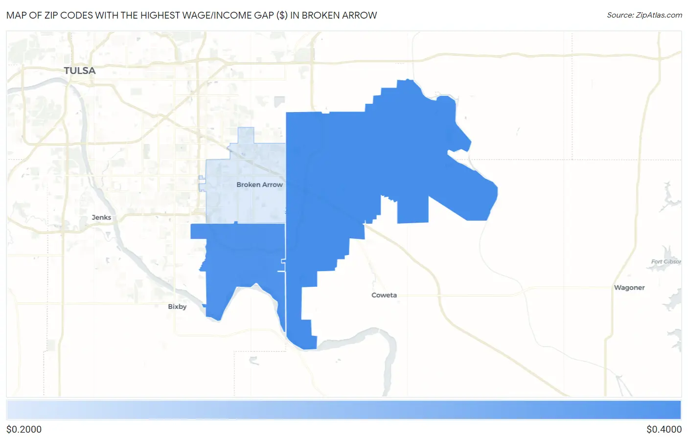 Zip Codes with the Highest Wage/Income Gap ($) in Broken Arrow Map