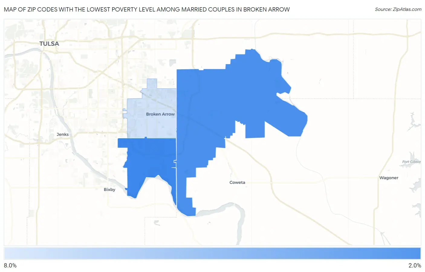 Zip Codes with the Lowest Poverty Level Among Married Couples in Broken Arrow Map