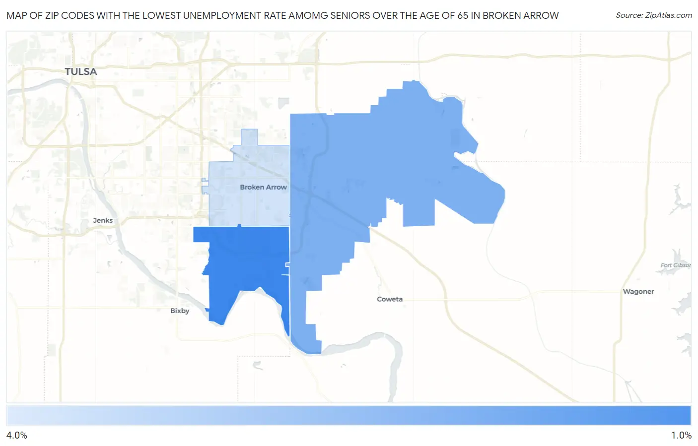 Zip Codes with the Lowest Unemployment Rate Amomg Seniors Over the Age of 65 in Broken Arrow Map