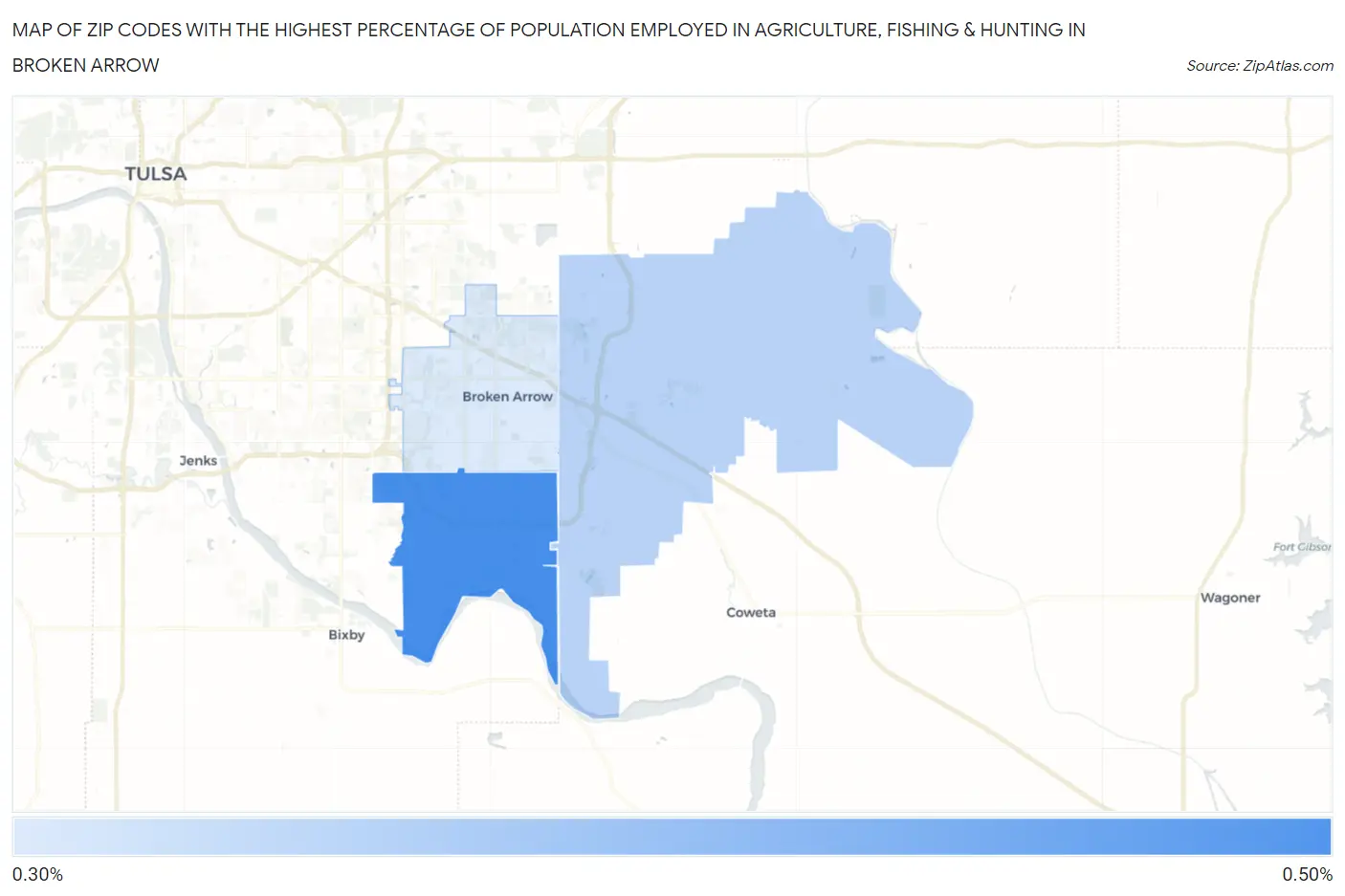 Zip Codes with the Highest Percentage of Population Employed in Agriculture, Fishing & Hunting in Broken Arrow Map