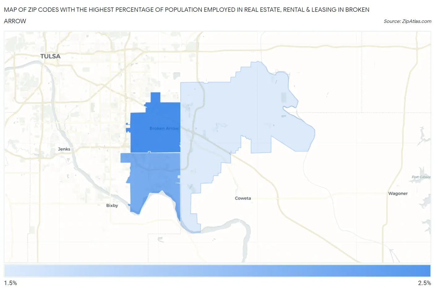 Zip Codes with the Highest Percentage of Population Employed in Real Estate, Rental & Leasing in Broken Arrow Map