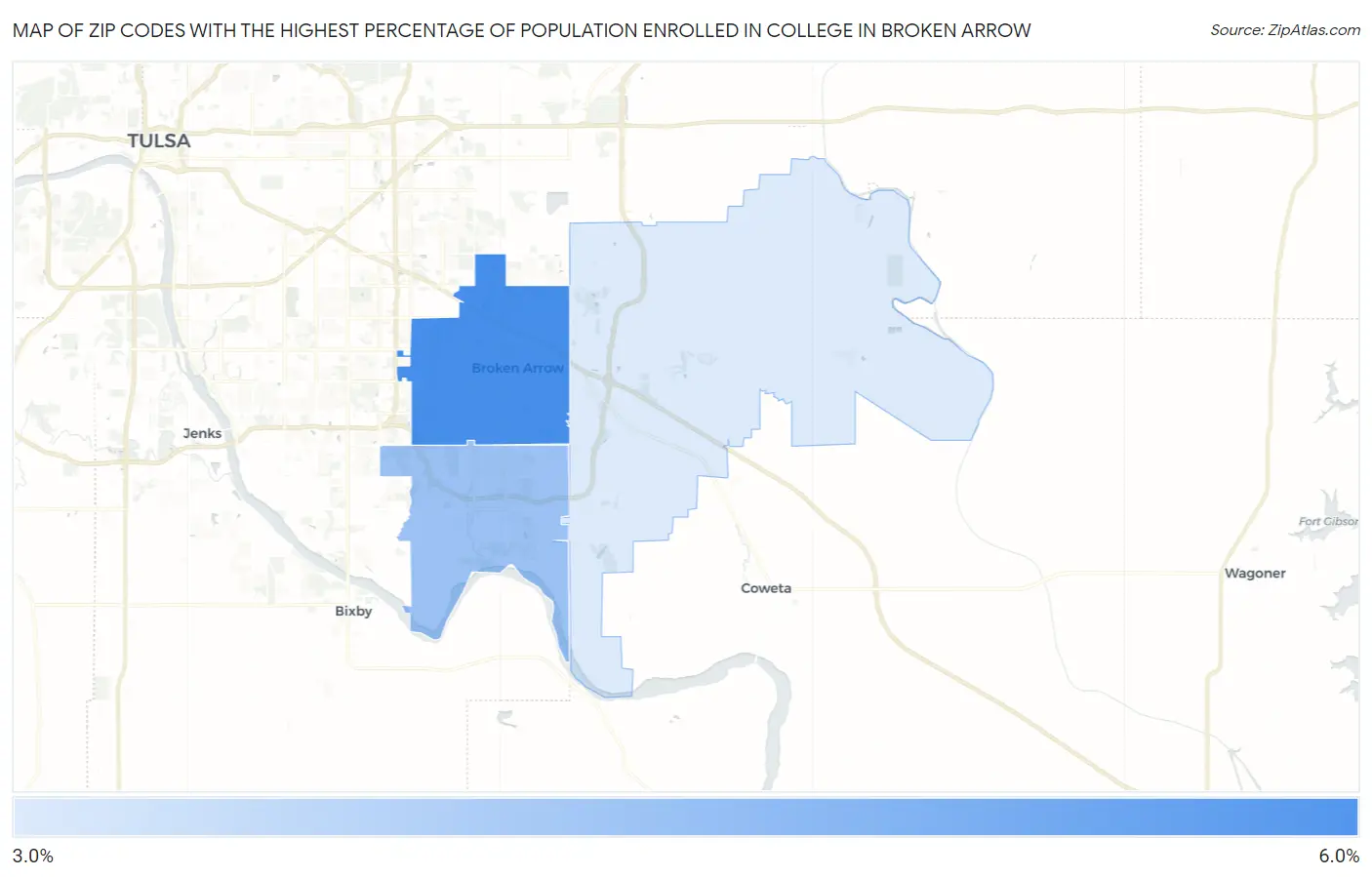 Zip Codes with the Highest Percentage of Population Enrolled in College in Broken Arrow Map