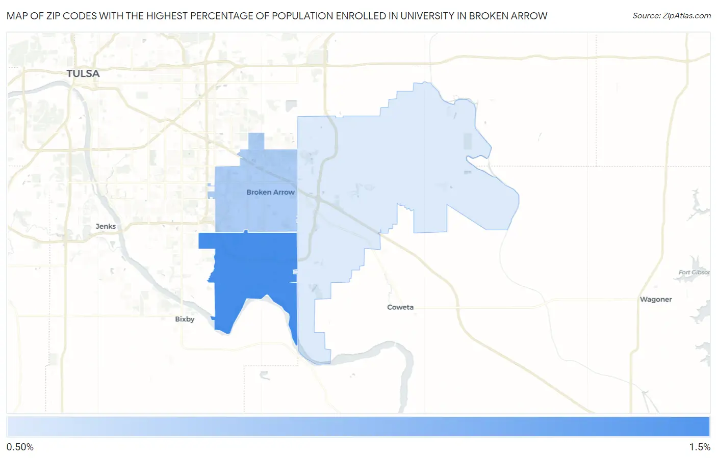 Zip Codes with the Highest Percentage of Population Enrolled in University in Broken Arrow Map