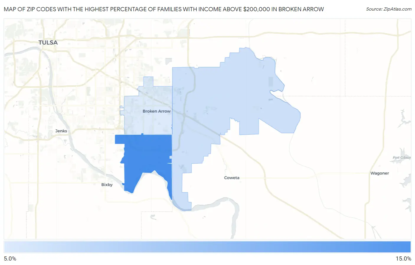 Zip Codes with the Highest Percentage of Families with Income Above $200,000 in Broken Arrow Map