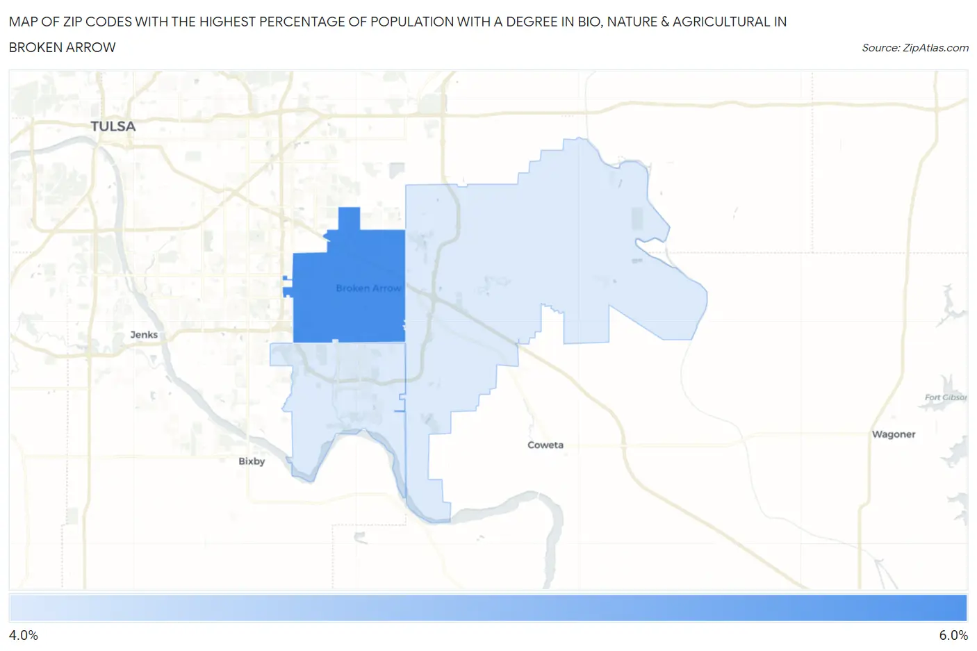 Zip Codes with the Highest Percentage of Population with a Degree in Bio, Nature & Agricultural in Broken Arrow Map