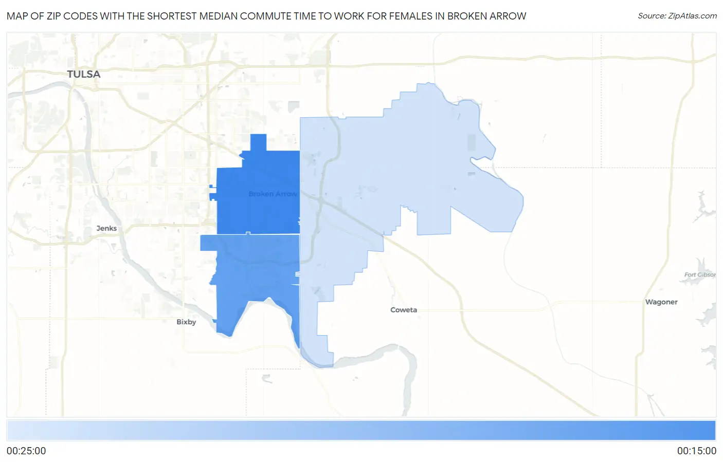 Zip Codes with the Shortest Median Commute Time to Work for Females in Broken Arrow Map