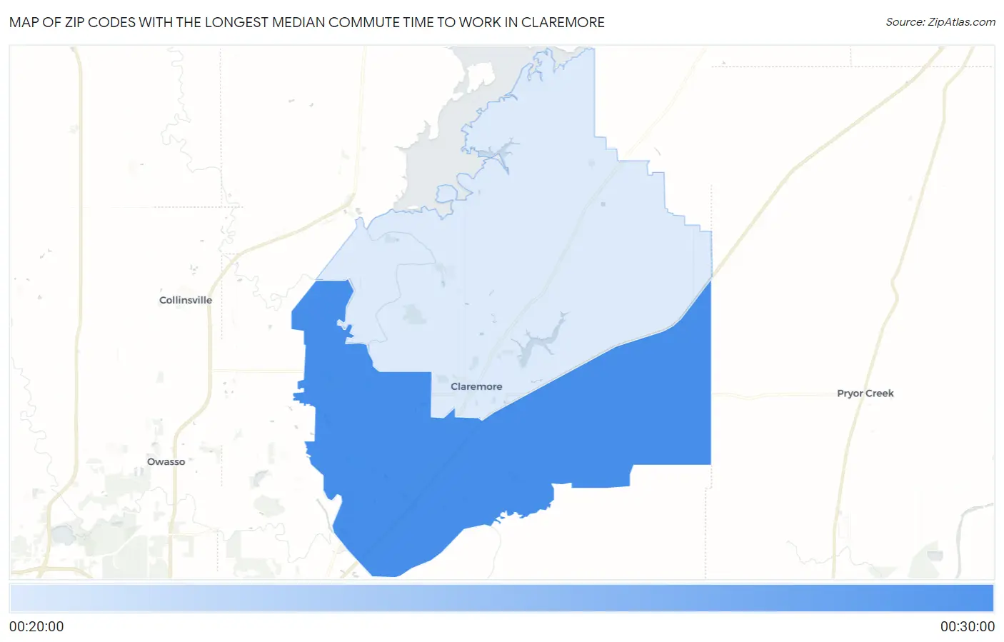 Zip Codes with the Longest Median Commute Time to Work in Claremore Map