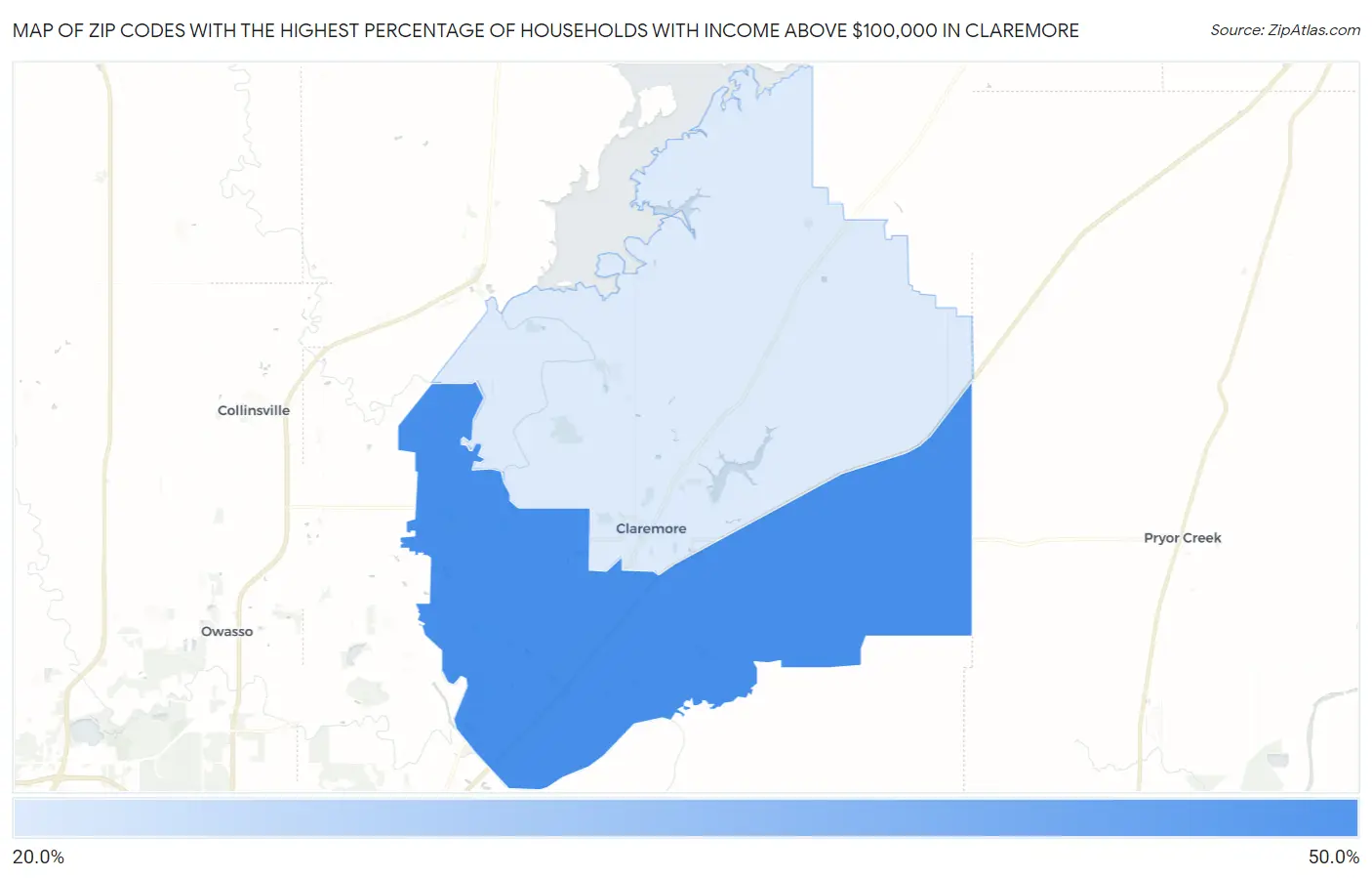 Zip Codes with the Highest Percentage of Households with Income Above $100,000 in Claremore Map