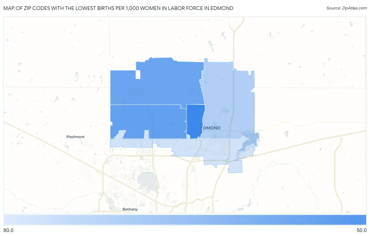 Zip Codes with the Lowest Births per 1,000 Women in Labor Force in Edmond Map