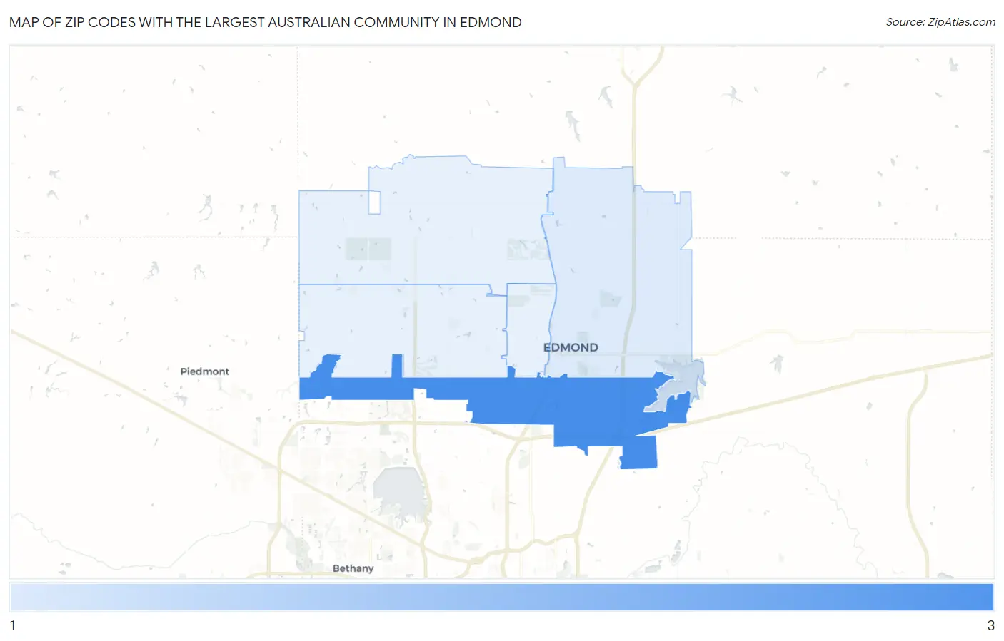 Zip Codes with the Largest Australian Community in Edmond Map