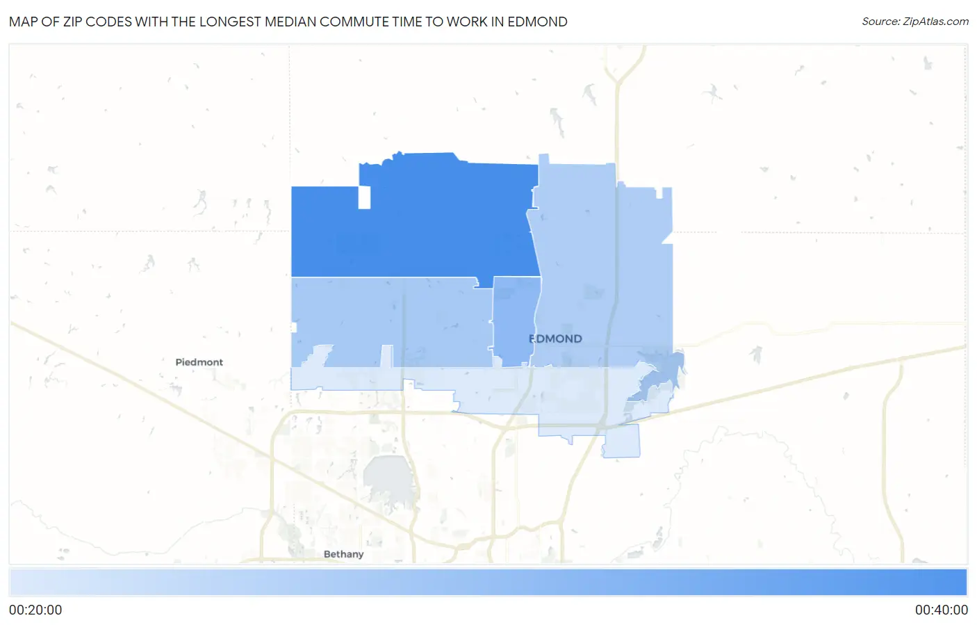 Zip Codes with the Longest Median Commute Time to Work in Edmond Map