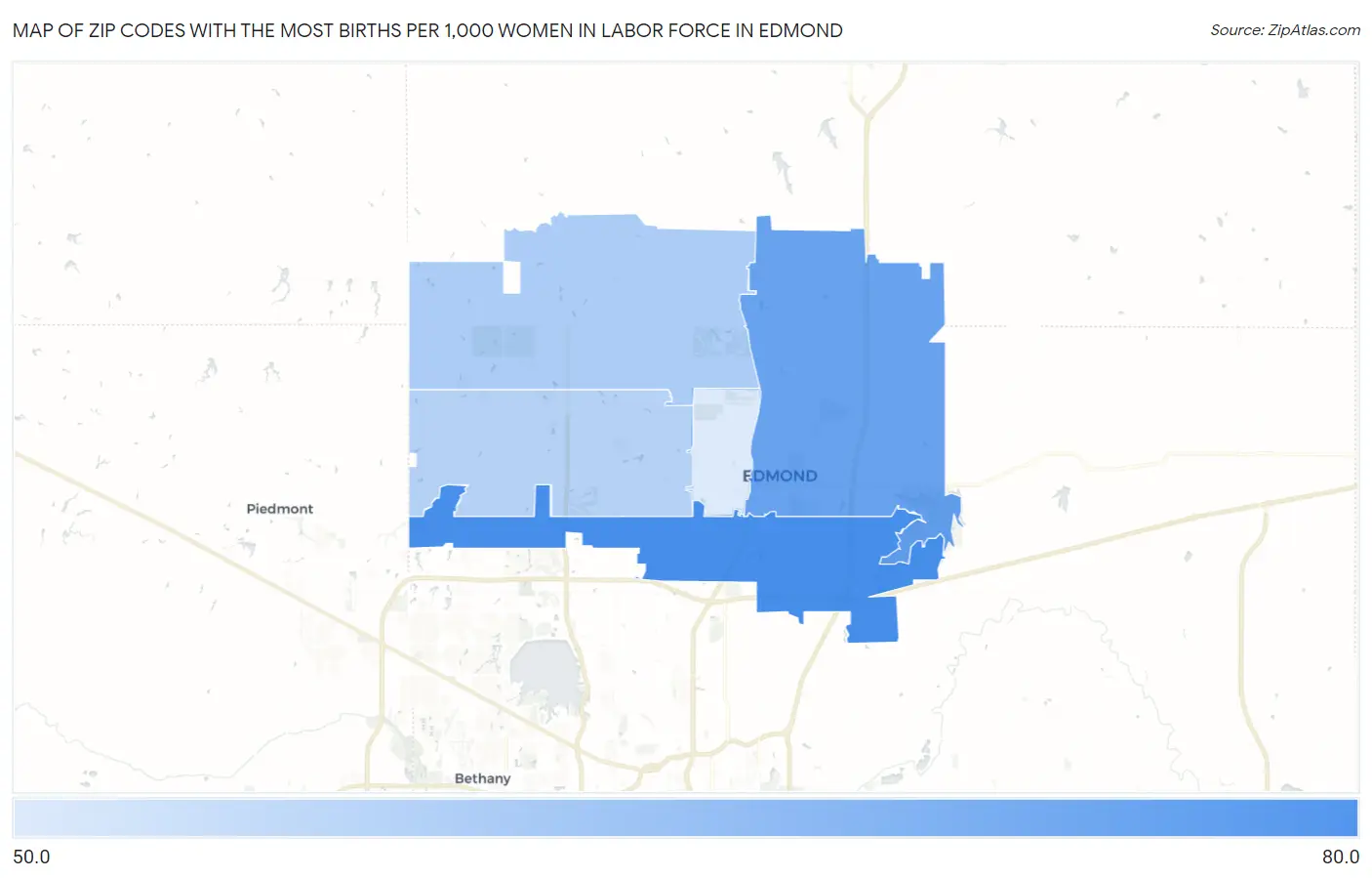 Zip Codes with the Most Births per 1,000 Women in Labor Force in Edmond Map