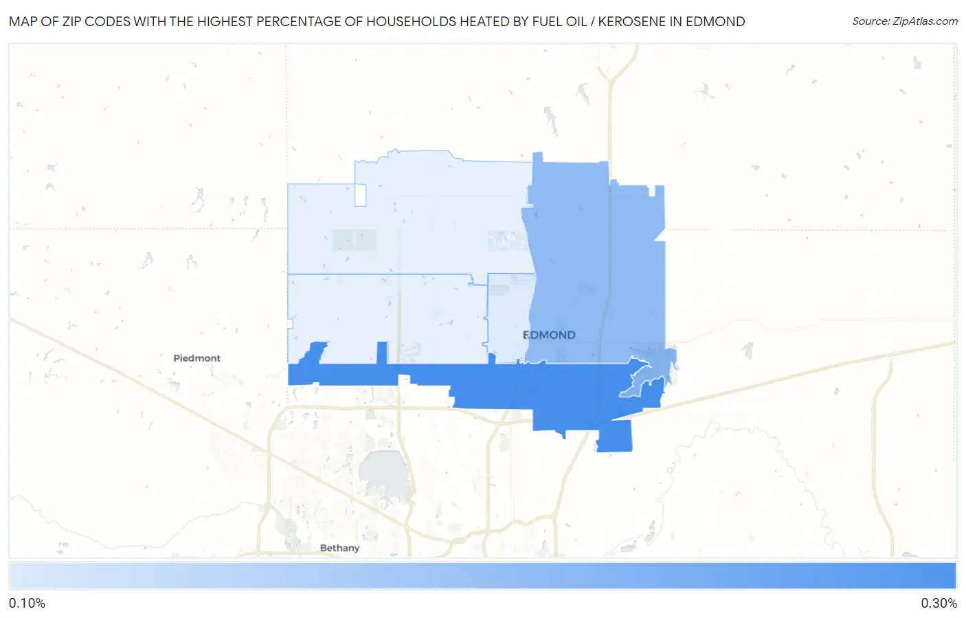 Zip Codes with the Highest Percentage of Households Heated by Fuel Oil / Kerosene in Edmond Map
