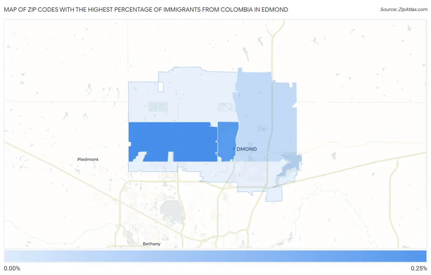 Zip Codes with the Highest Percentage of Immigrants from Colombia in Edmond Map