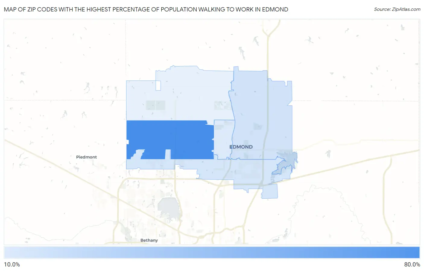Zip Codes with the Highest Percentage of Population Walking to Work in Edmond Map