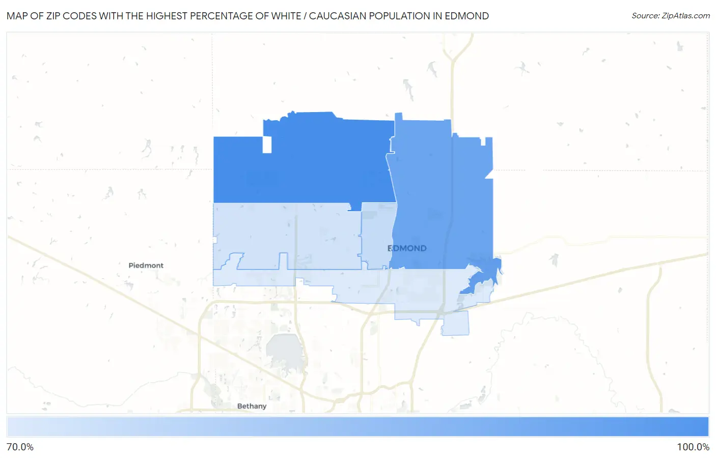 Zip Codes with the Highest Percentage of White / Caucasian Population in Edmond Map