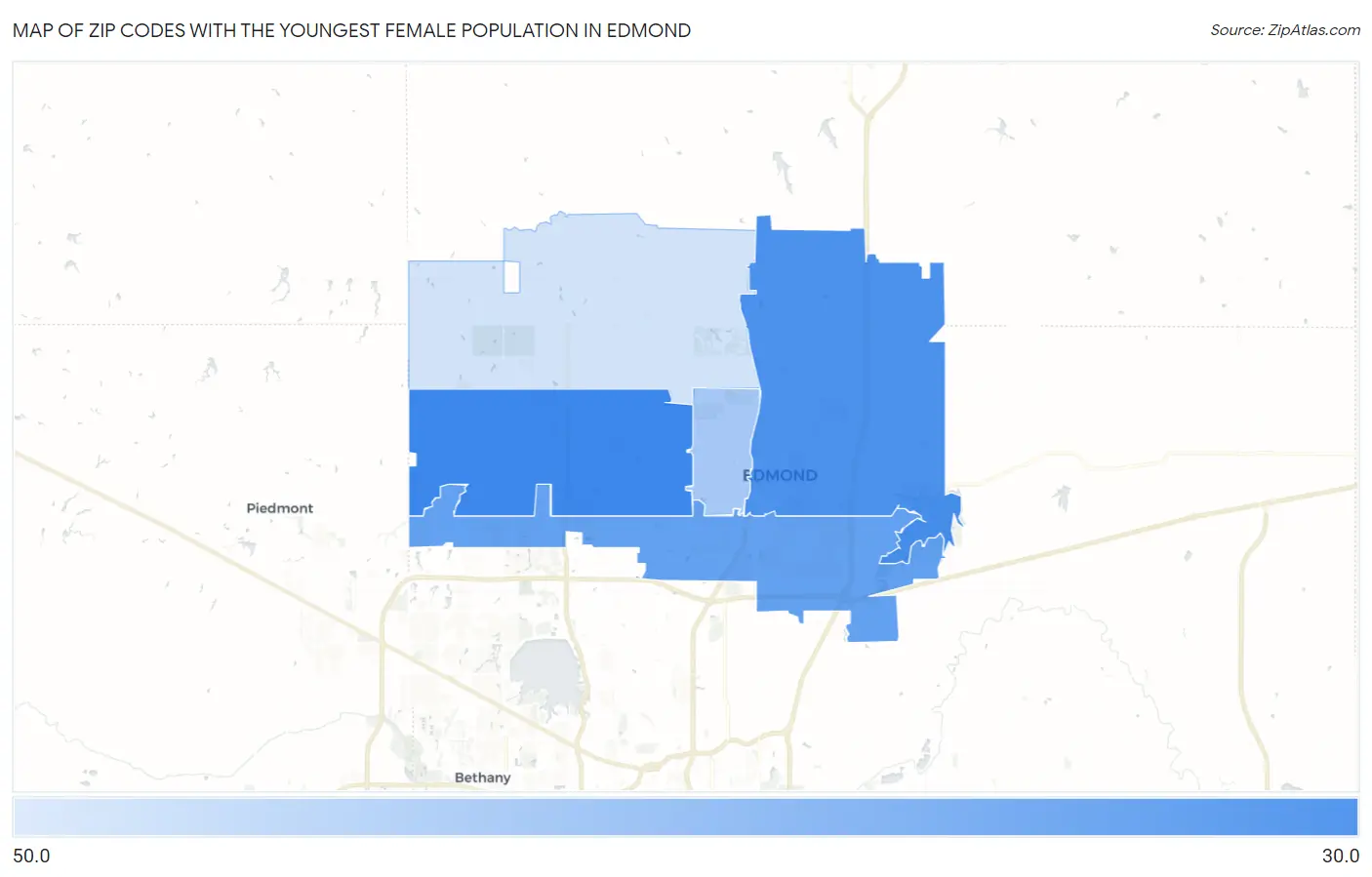 Zip Codes with the Youngest Female Population in Edmond Map