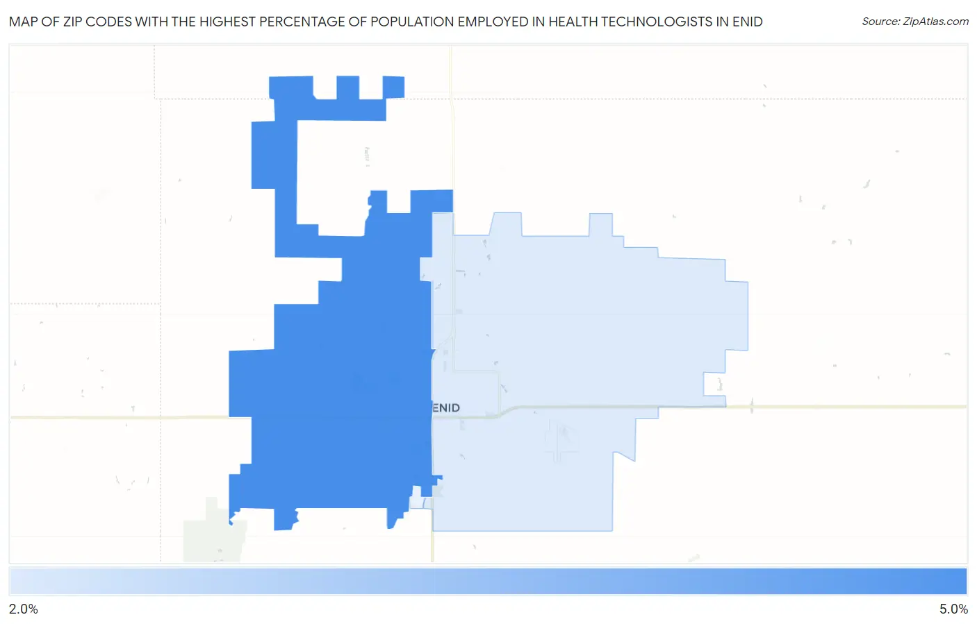 Zip Codes with the Highest Percentage of Population Employed in Health Technologists in Enid Map
