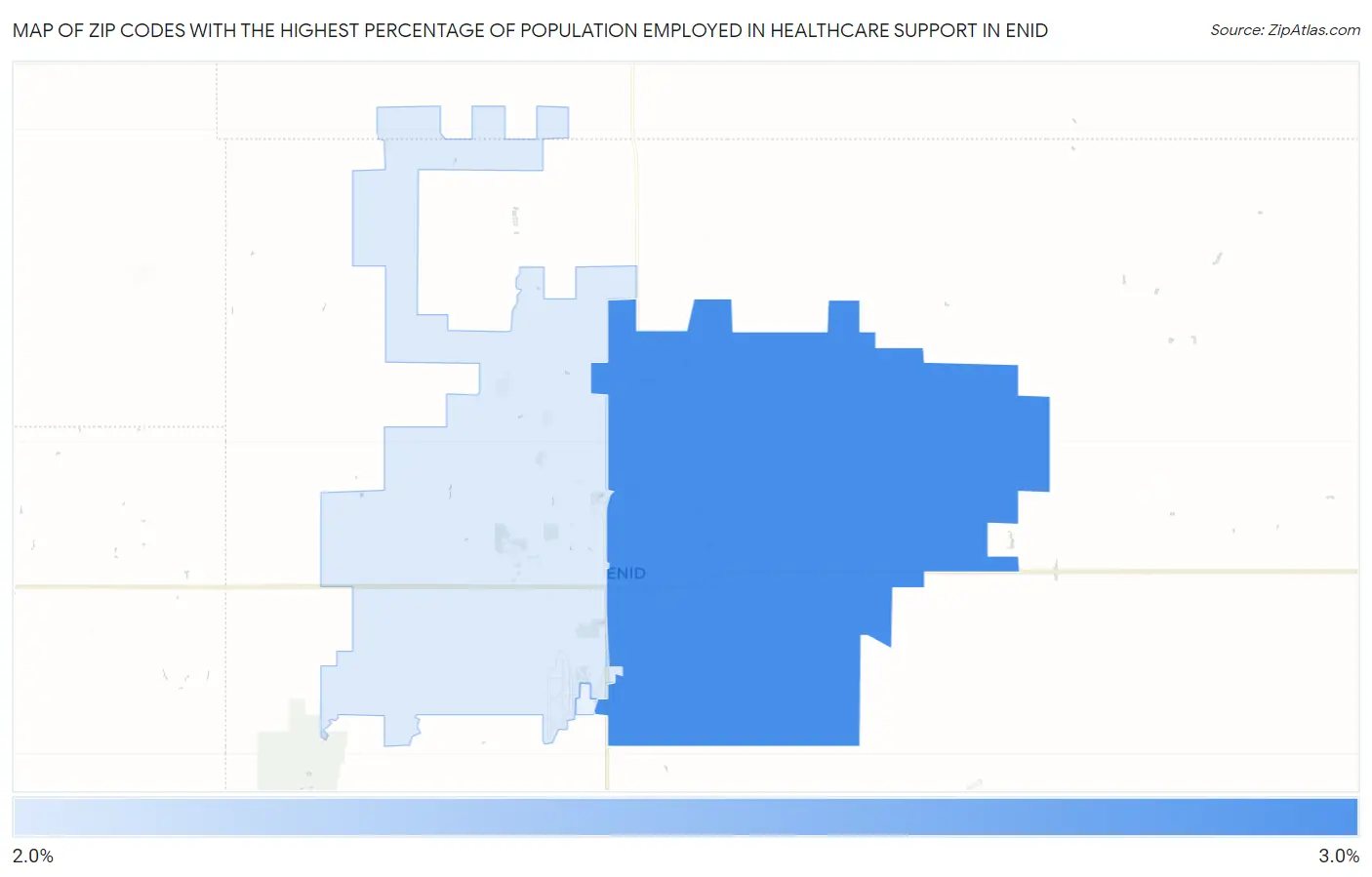 Zip Codes with the Highest Percentage of Population Employed in Healthcare Support in Enid Map