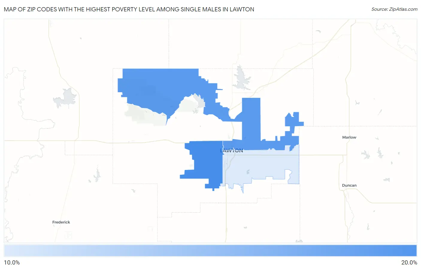 Zip Codes with the Highest Poverty Level Among Single Males in Lawton Map