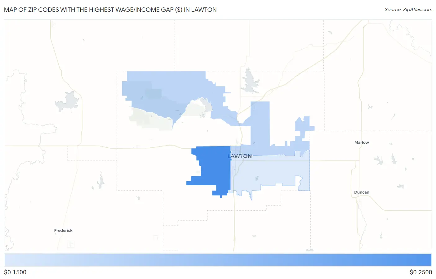 Zip Codes with the Highest Wage/Income Gap ($) in Lawton Map