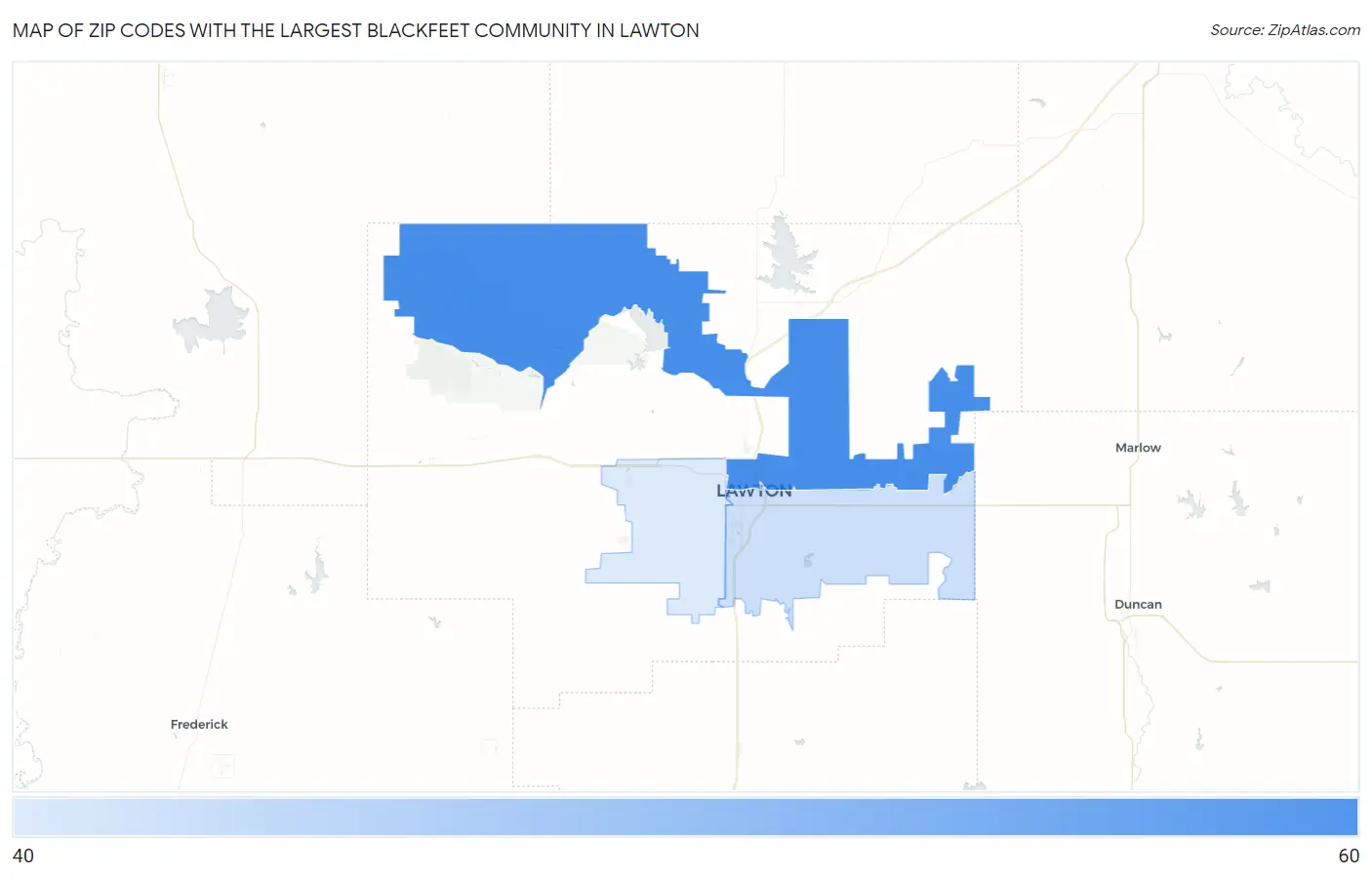 Zip Codes with the Largest Blackfeet Community in Lawton Map