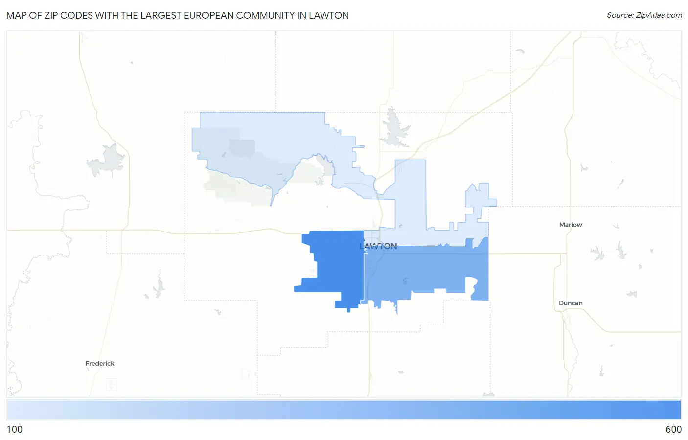 Zip Codes with the Largest European Community in Lawton Map