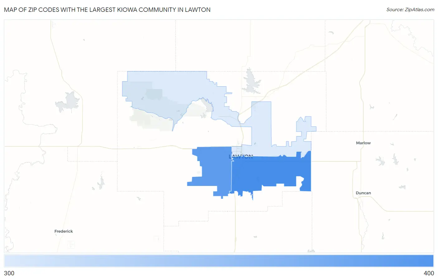 Zip Codes with the Largest Kiowa Community in Lawton Map