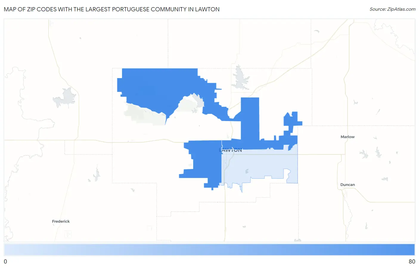 Zip Codes with the Largest Portuguese Community in Lawton Map