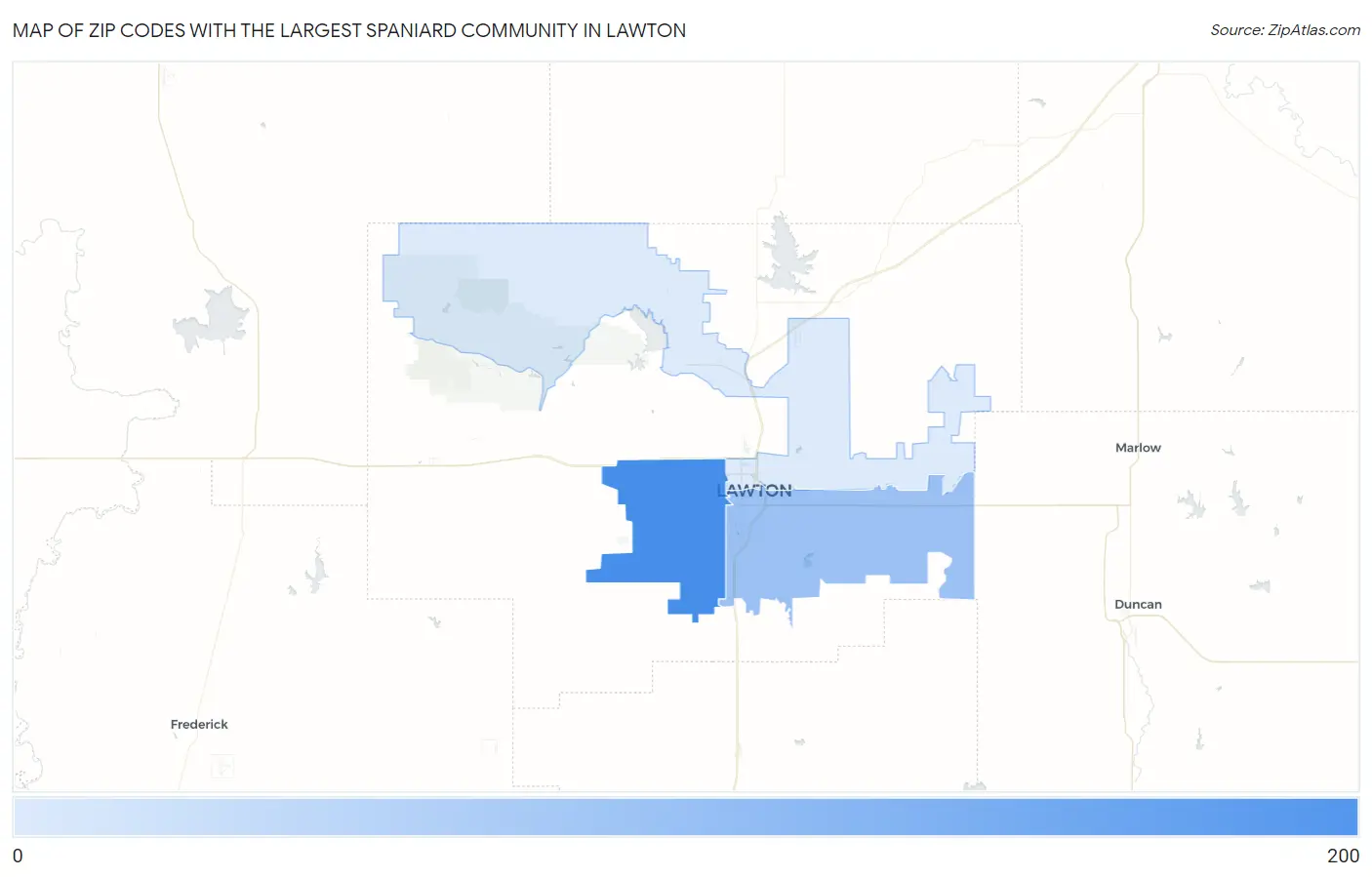 Zip Codes with the Largest Spaniard Community in Lawton Map