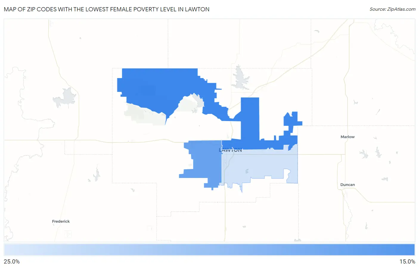 Zip Codes with the Lowest Female Poverty Level in Lawton Map