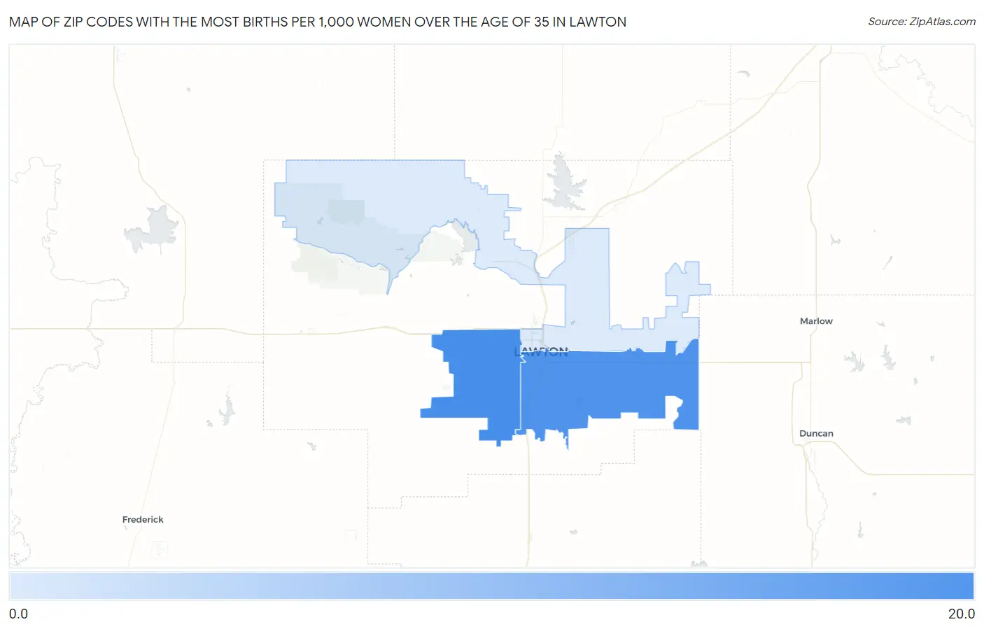 Zip Codes with the Most Births per 1,000 Women Over the Age of 35 in Lawton Map