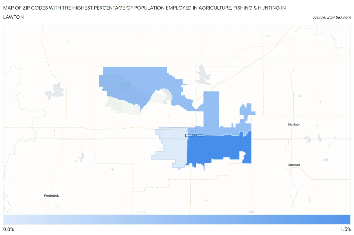 Zip Codes with the Highest Percentage of Population Employed in Agriculture, Fishing & Hunting in Lawton Map