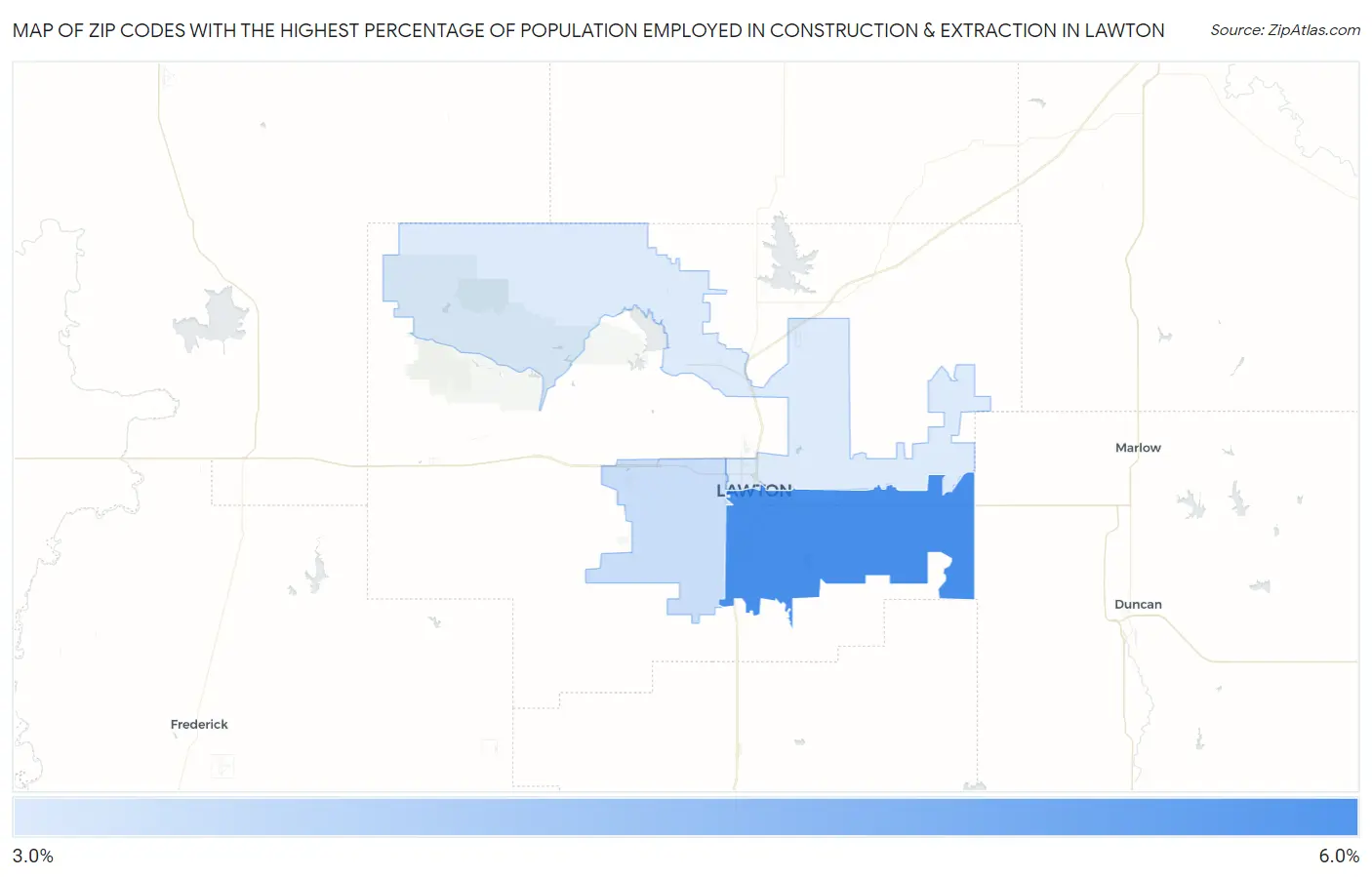 Zip Codes with the Highest Percentage of Population Employed in Construction & Extraction in Lawton Map