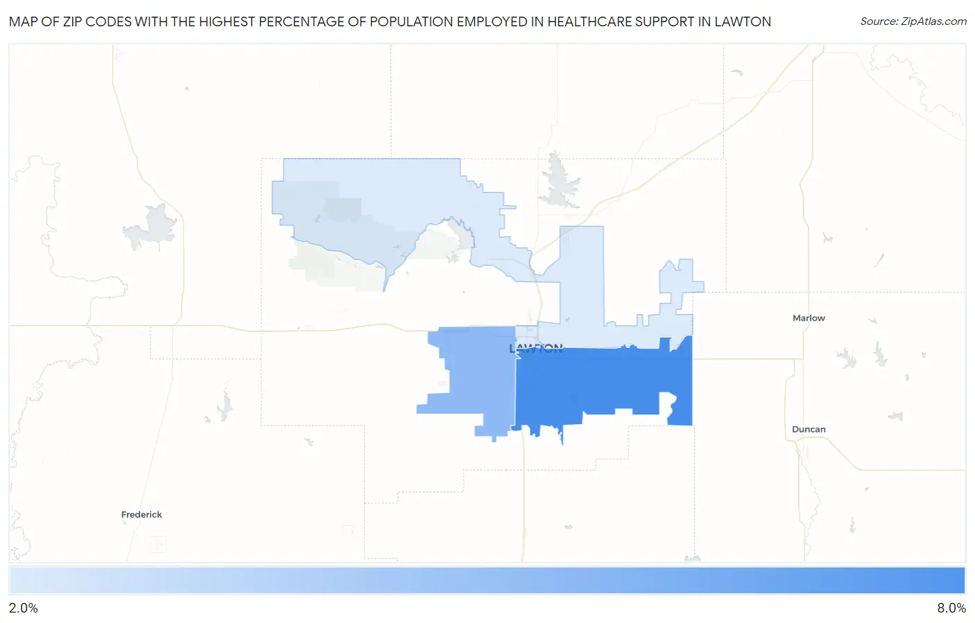 Zip Codes with the Highest Percentage of Population Employed in Healthcare Support in Lawton Map