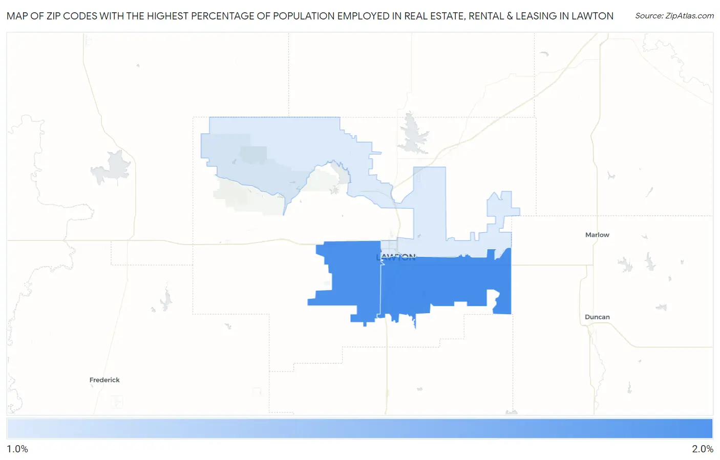 Zip Codes with the Highest Percentage of Population Employed in Real Estate, Rental & Leasing in Lawton Map