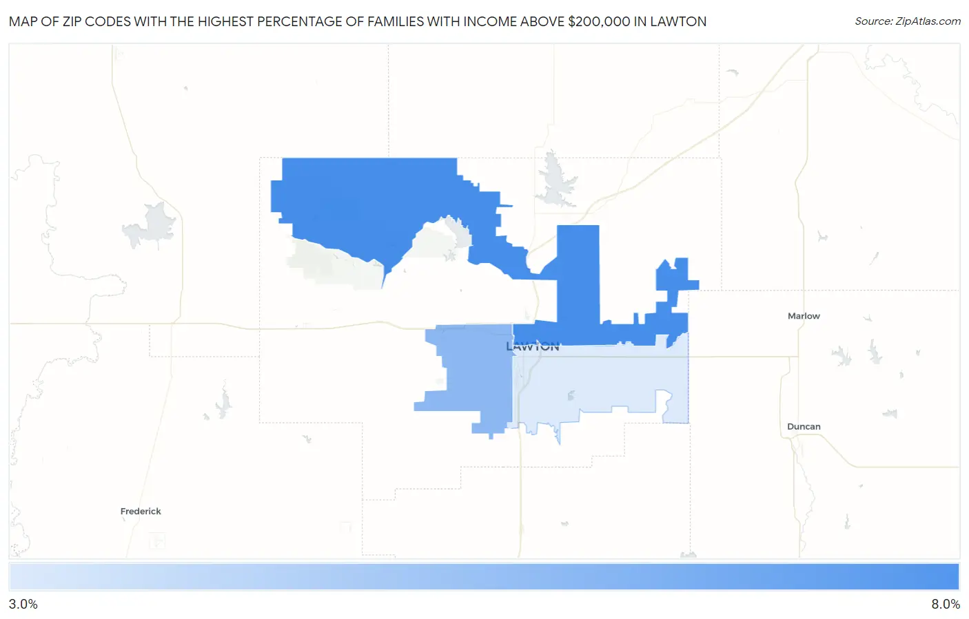 Zip Codes with the Highest Percentage of Families with Income Above $200,000 in Lawton Map